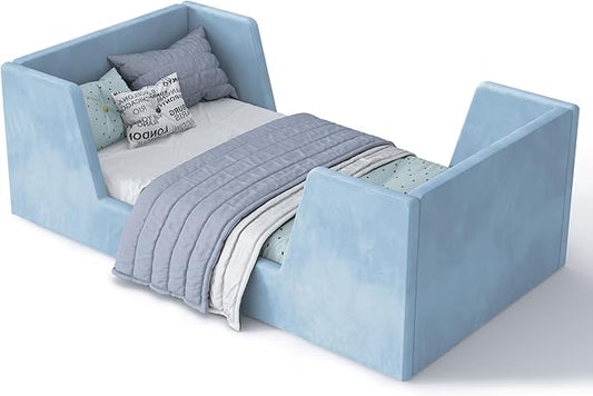 Toddler Bed, Toddler Floor Bed Frame with Guard Rails, Kids Bed for Ages 2-6 Years Kids Girls and Boys, Standard Crib Mattress Toddler Beds, Certified Fabric (Blue)
