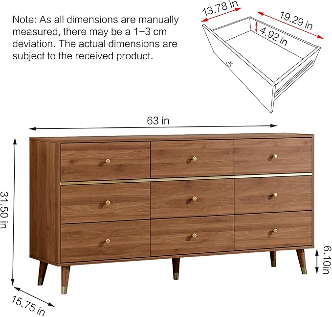 9 Drawer Dresser,63" Wide Mid Century Modern Chest of Drawers,Wooden Bedroom Drawer Dresser with 9 Storage Drawers for Bedroom, Living Room,with Anti-Tipping Device,Tan
