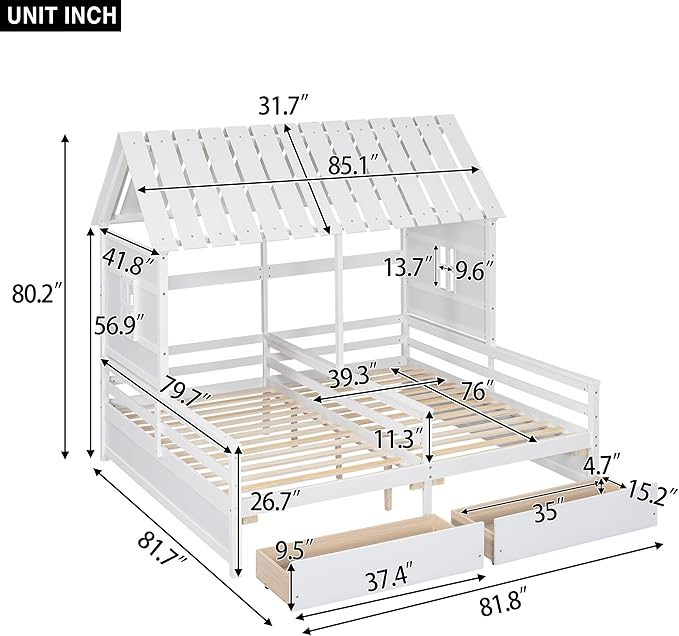 P PURLOVE Double Shared Bed,Two Twin Size House Platform Beds with Drawers for Boy and Girl, House Bed Frame Combination of 2 Side by Side Twin Size,White