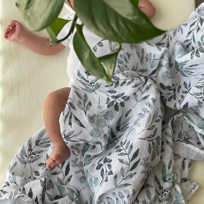 Miaoberry Organic Muslin Swaddle Blankets with Matching Hat and Wooden Hello World Newborn Sign | Eucalyptus Newborn Photography Props | Birth Announcement Sign