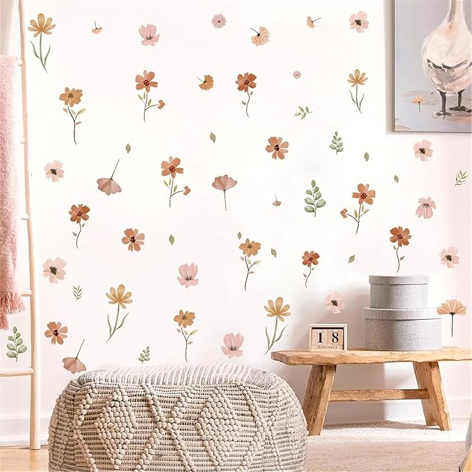 Small Flower Wall Stickers Boho Floral Wall Decals Watercolor Wildflower Decals Cute Flowers Stickers Removable Retro Floral Decal for Nursery Girls Bedroom Decor