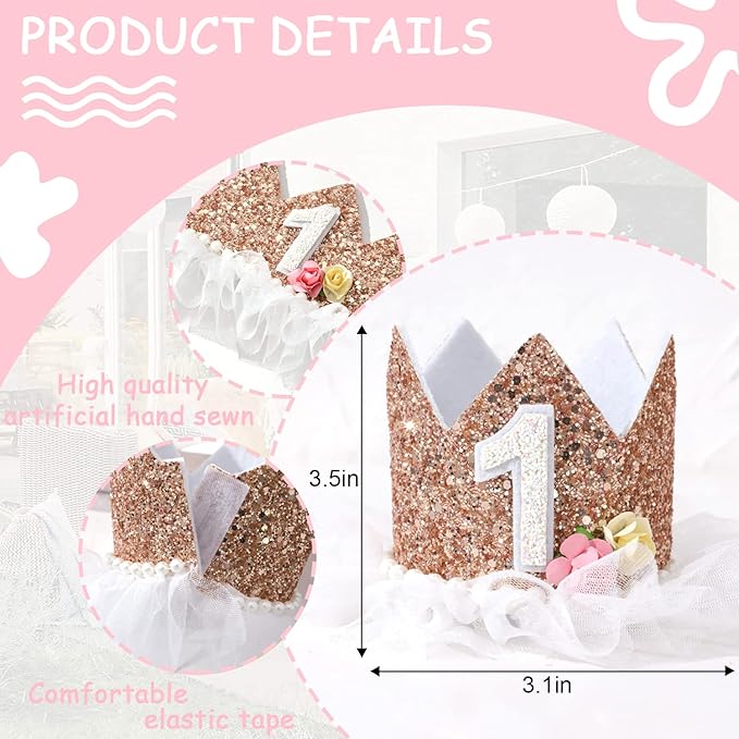 Crown for Girls' First Birthday, Rose Gold 1st Birthday Hat, Flower Tutu Crown, Cake Smash Props, Decorations for Girls