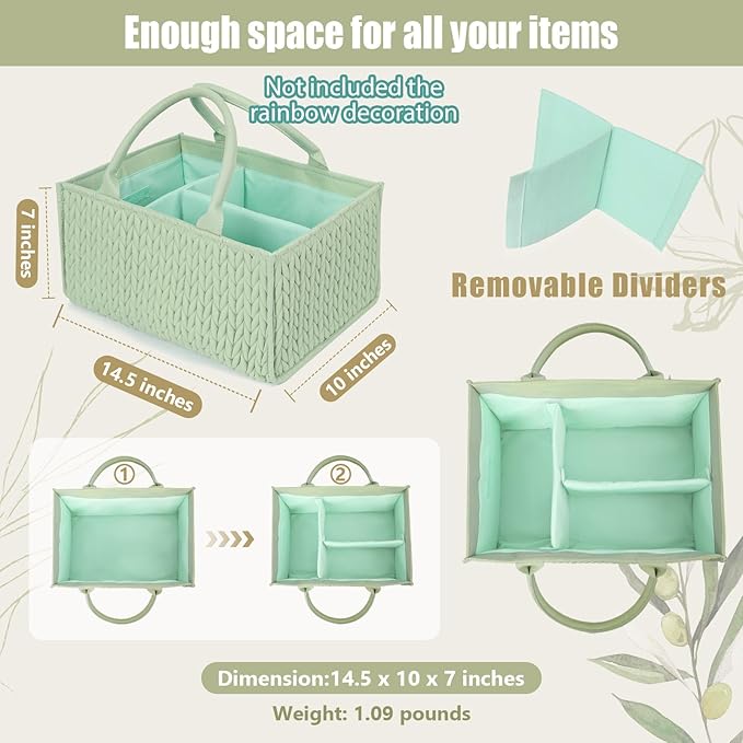 MOMINSIDE Baby Diaper Caddy Diaper Caddy Organizer, Baby Basket Nursery Storage, Portable Changing Table Car caddy organizer for Girl Boy, Baby Registry Baby Shower Gifts (Fair Green)