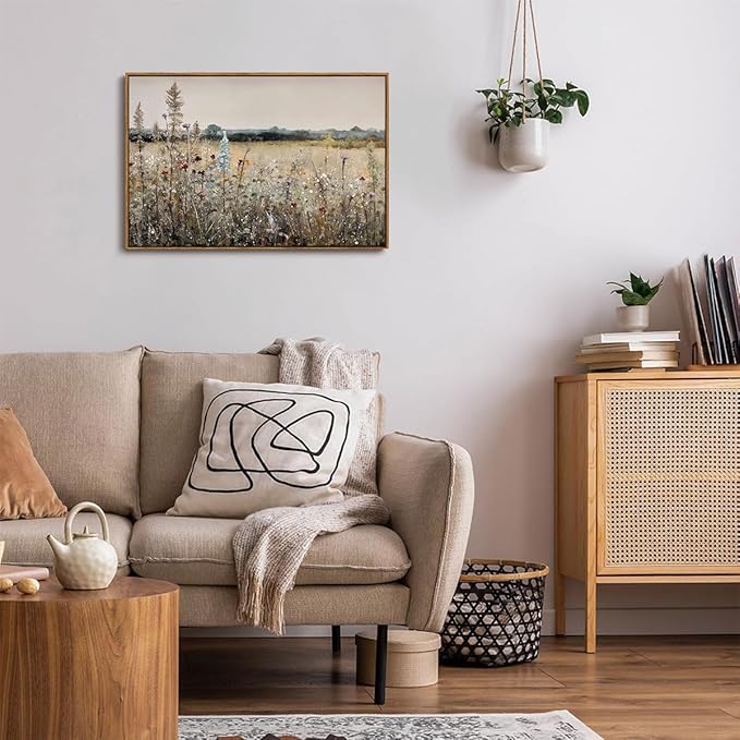 OIQArtOIQ Vintage Wildflowers Landscape Wall Art Framed Floral Natural Scenery Oil Painting Canvas Prints Country Farmhouse Decor Pictures Kitchen Bedroom Living Room Bathroom