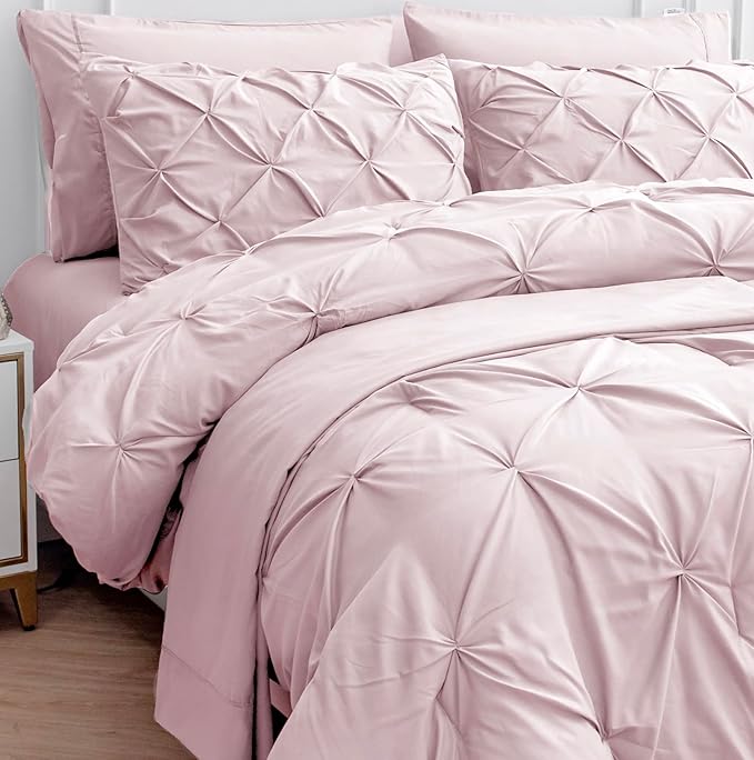 LANE LINEN Pink Comforter Set - Queen Size with Sheets, Pillowcases & Shams, Pintuck Bedding, Soft Bed in a Bag Set, Pinch Pleated Comforter Set for Girls
