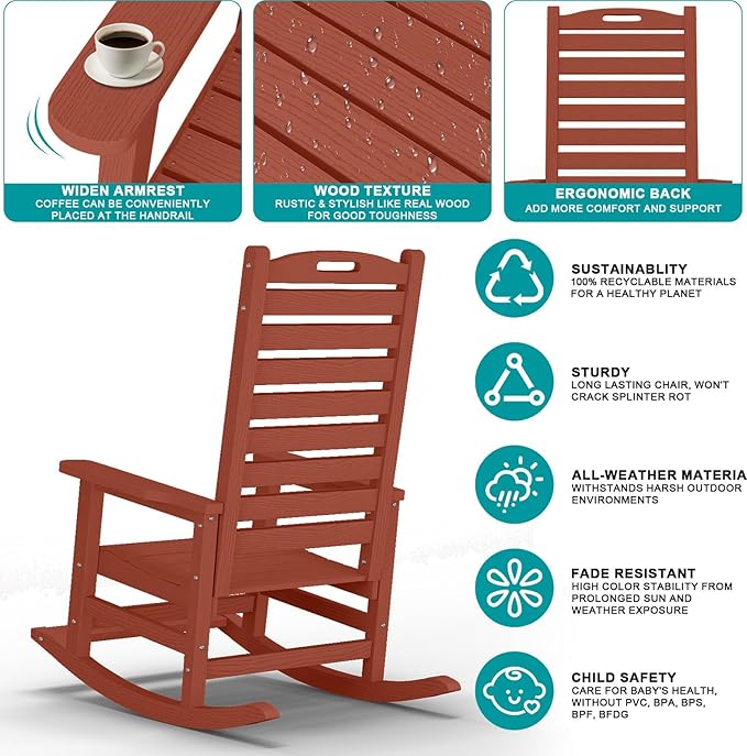 Outdoor Rocking Chair Set of 8 with Removable Footboard for Adults, HDPE High Back Patio Rocking Chairs, 330lbs All Weather Porch Rocking Chairs for Outdoor & Indoor -Reddish Brown