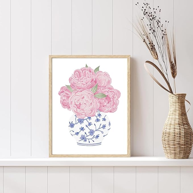 CHMMART 3 Piece Pink Floral Framed Wall Art Blue and White Chinoiserie Flower Canvas Art Prints Peony Pictures Wall Decor Painting Artwork for Living Room Bedroom Bathroom 12x16in
