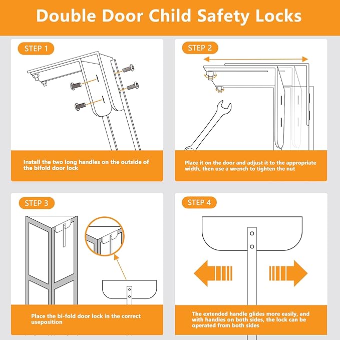 Adjustable Bifold Door Lock - Metal Child & Pet Proof Safety Locks for Cabinets, Closets, Pantry (0.6"-2" Door Thickness) No Drill Installation, White Finish w/Spare Screws (4 Pack)