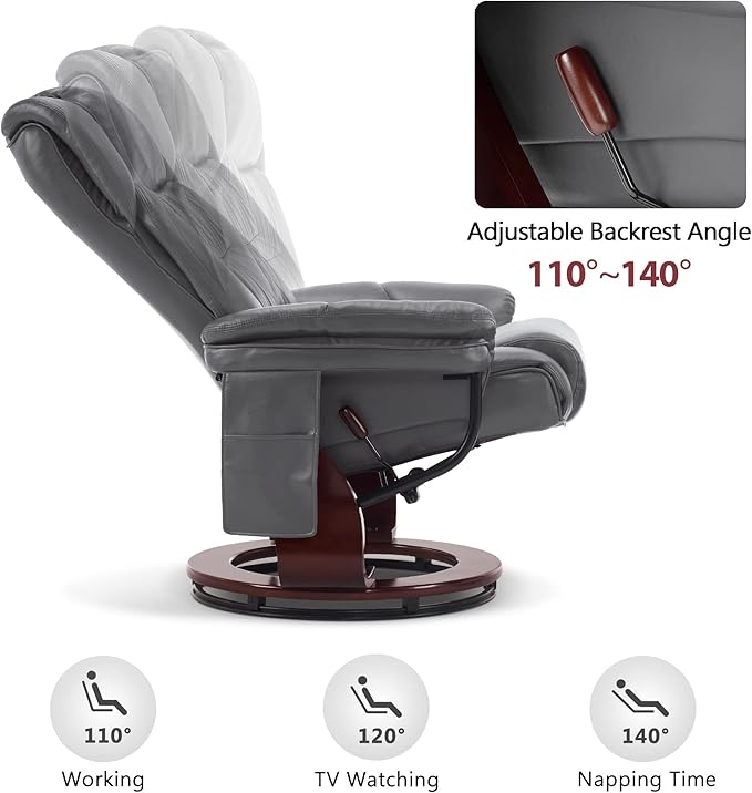 MCombo Swivel Recliner with Ottoman, Faux Leather TV Chair with Vibration Massage, Ideal for Small Space, Living Room & Bedroom 4734 (Grey)