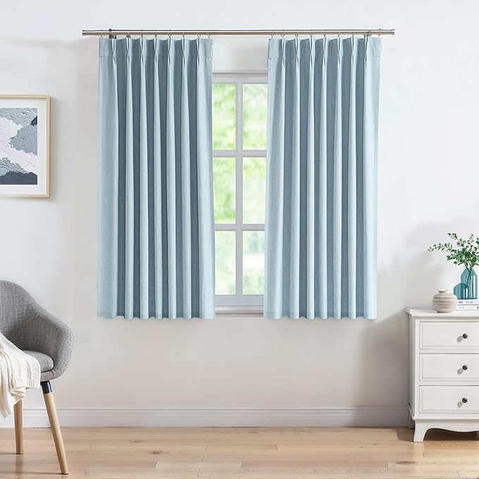 Dusty Blue Pinch Pleated Blackout Curtain Panels Linen Texture Thermal Insulated Energy Efficient Window Treatment Drapes with Full Blackout Liner for Living Room Bedroom with Hooks, 40"x63"x2