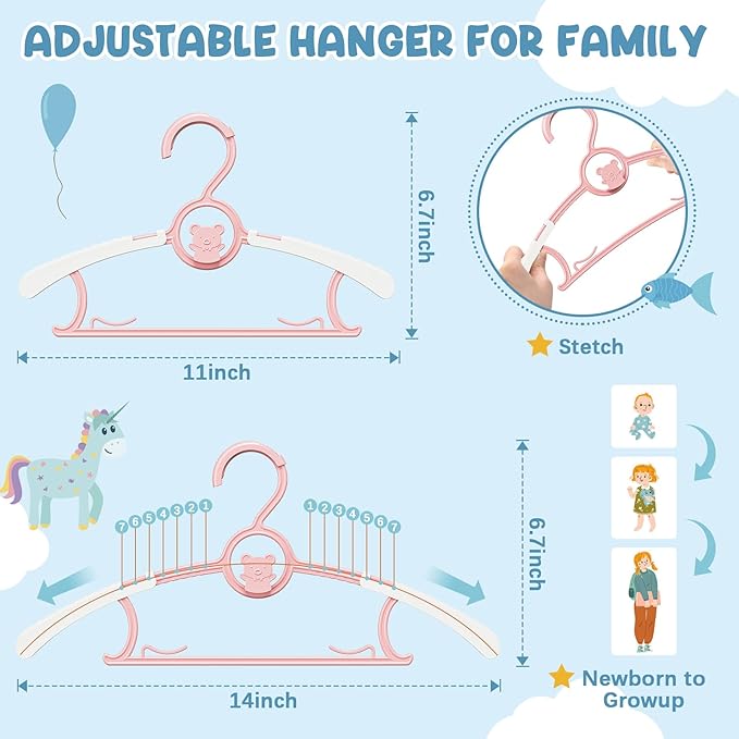 50 Pack Kids Hangers for Nursery Closet, Adjustable Non-Slip Toddler Baby Hangers with Windproof Buckle, 11-14" Infant Child Plastic Clothes Pant Hanger for Boys Girls Newborn Adult, Pink