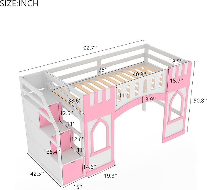 Playhouse Design Twin Size Loft Bed with Storage Staircase and Windows, Solid Wood Loft Bed Frame with Safety Guardrail for Kids Teens Boys Girls, Space-Saving (Pink-3)