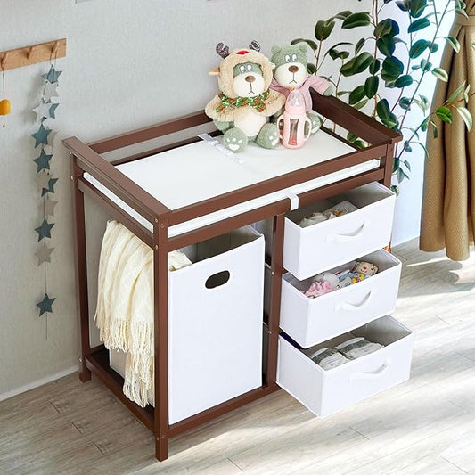 Wooden Baby Changing Table, Modern Diaper Changing Table, Infant Diaper Station Dresser with Laundry Hamper, 3 Drawer Basket- Storage Organizer for Baby Clothes, Diapers & Toys