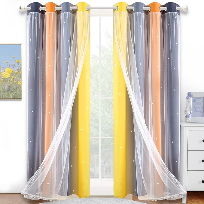 Kinryb Nursery/Kids/Girls Room Star Cut Out Blackout Rainbow Curtain with Sheer Overlay 2 Panels, Each 52 inch Wide,108 inch Length with White Gauze,Ombre Stripe Rainbow Curtains (2 Pcs,52x108 Inch)