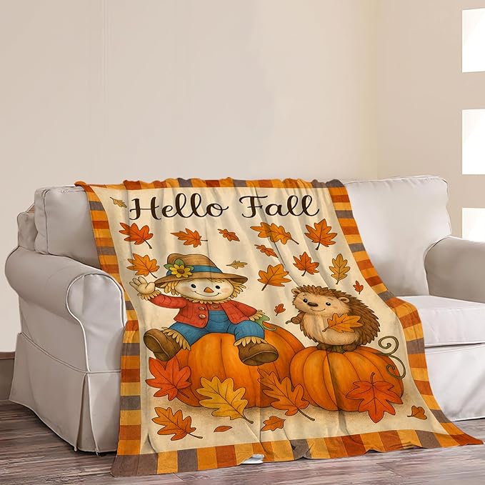 Fall Blanket Cute Autumn Pumpkin Scarecrow Hedgehog Maple Leaf Throw Blanket Soft Cozy Fleece Fuzzy Plush Flannel Warm Stuff Hello Fall Blanket Gifts for Women Girls Kids Thanksgiving 40"x50"