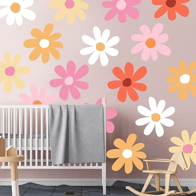 TaoBary 12 Sheets Daisy Wall Decal Flower Wall Sticker Cute Daisy Sticker Pink White Flower Decal Peel and Stick Floral Wallpaper for Nursery Bedroom Home Decor(Bright Color,Minimalist Style)