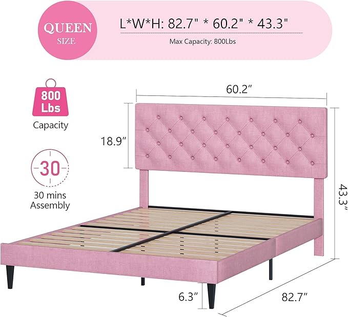 BarnFurin Queen Bed Frame, Upholstered Platform Bed with Button Tufted Headboard, Fabric Queen Size Beds with Wooden Slats Support, No Box Spring Required, Easy Assembly, Pink