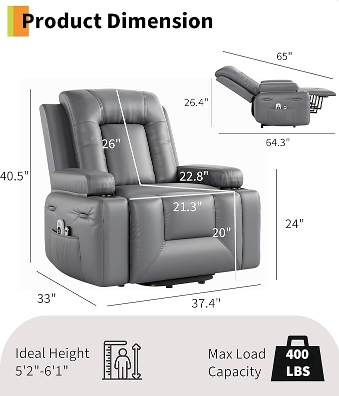 GarveeHome Power Recliner Chair - Heat and Massage, Adjustable Electric Recliner Ergonomic PU Leather Single Sofa, Tall Back, Padded Seat, Lazy Chair for Living Room