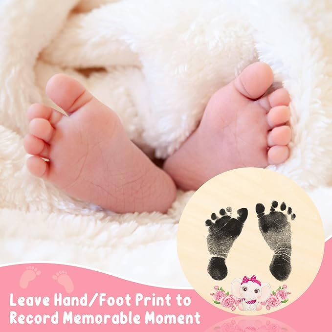 R HORSE Baby Birth Announcement Sign with Marker Pen, Pink Elephant Baby Name Sign with Ink Pad for Hand and Footprints, Wooden Hello World Newborn Announcement Nursery Decor Keepsake Gifts
