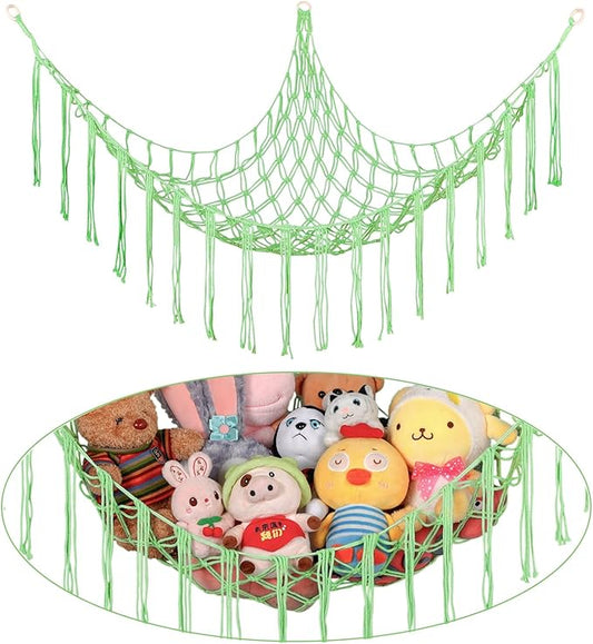 Stuffed Animal Hammock Corner, Hand-knitted Large Plushie Net Toy Hammock with Wooden Rings | Boho Cute Stuff Animal Storage for Nursery & Bedroom | Mesh Kids Toy Organizer Holder Nursery Room Decor