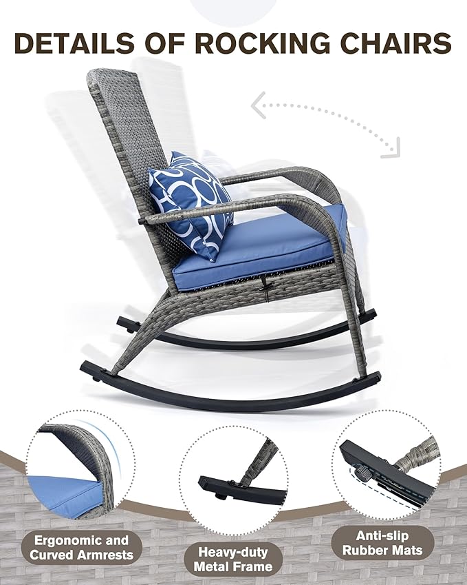 Outdoor Rocking Chair- Glider Rattan Rocker Chair with Heavy Duty Steel Frame- All Weather Outdoor Rocker Chair for Garden, Porch, Backyard, Poolside