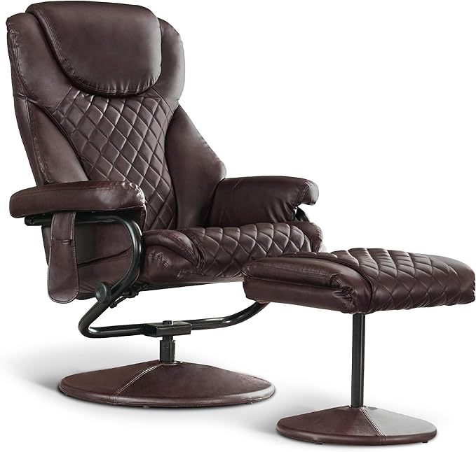 MCombo Recliner with Ottoman, Reclining Chair with Massage, 360 Swivel Living Room Chair Faux Leather, 4901 (Dark Brown)