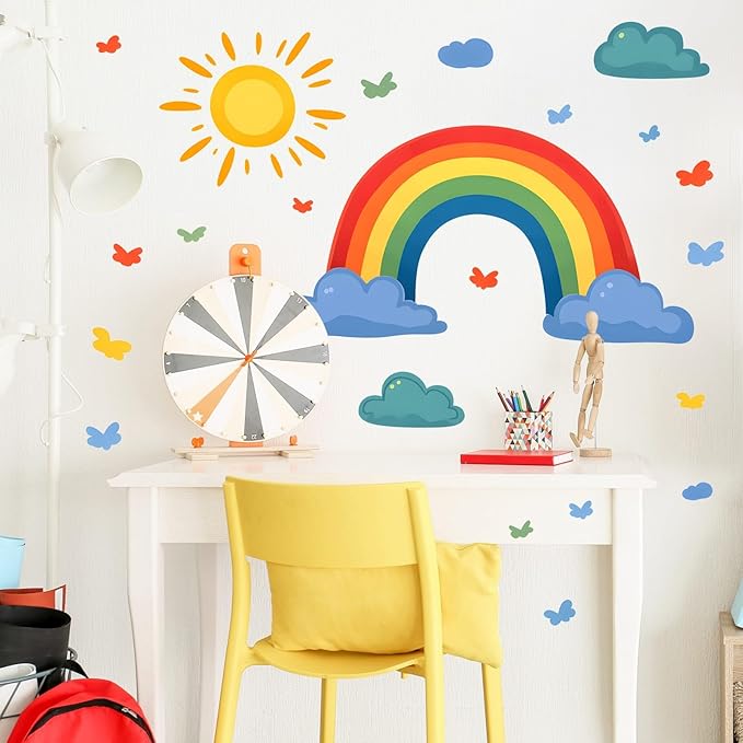 Rainbow Wall Decals Watercolor Sun Cloud Wall Stickers for Kids Room, Cute Cloudy Rainbow Wall Decor Butterfly Sun Decorations Peel and Stick Removable Decals for Girls Room Nursery