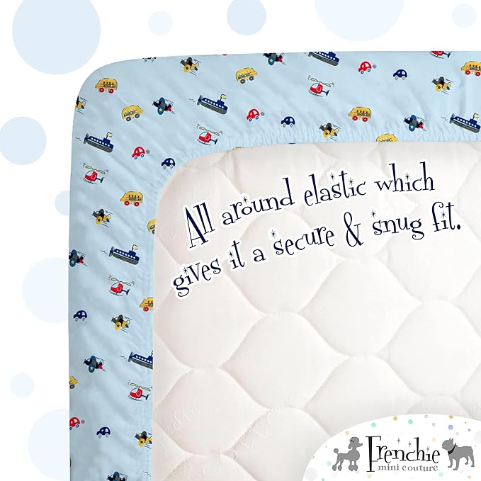 Frenchie Mini Couture, 2-Piece Kids Twin Sheets Set, 100% Woven Cotton, Deep Pocket Bed Sheet 39 x 75 x 15in + Pillowcase 20 x 30, Cars, Boats, & Planes