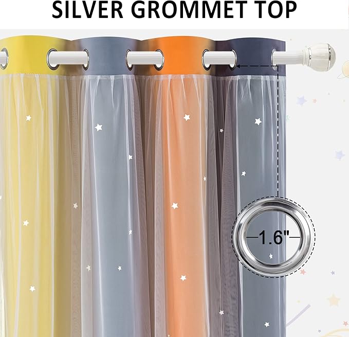 Kinryb Nursery/Kids/Girls Room Star Cut Out Blackout Rainbow Curtain with Sheer Overlay 2 Panels, Each 52 inch Wide,45 inch Length with White Gauze,Ombre Stripe Rainbow Curtains (2 Panels,52x45 Inch)