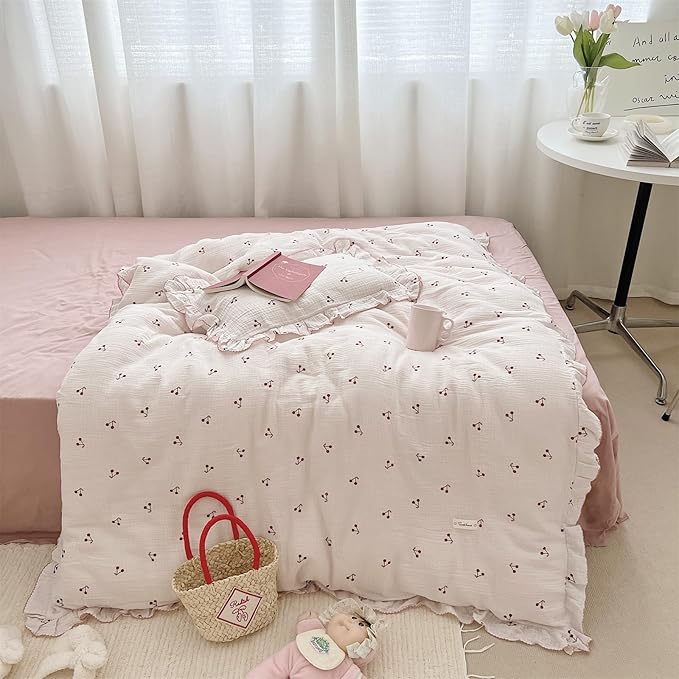 AOJIM Muslin Kids Duvet Cover for Boys Girls, 1 Piece Pure Cotton Toddler Cherry Comforter Cover 47X59'', 2-Layer Gauze Kids Bedding with Ruffled Design, No Quilt or Pillowcases