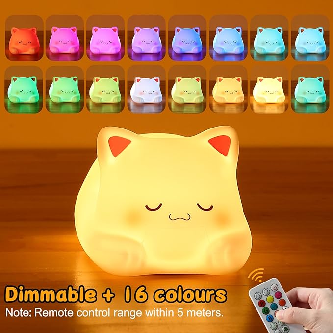 ZKLiLi Night Light for Kids Cute Remote Cat Lamp,16 Colors+Tap+Remote+Silicone Kids Night Light,USB Rechargeable Cat Night Lights for Room Decoration（Remote Control）