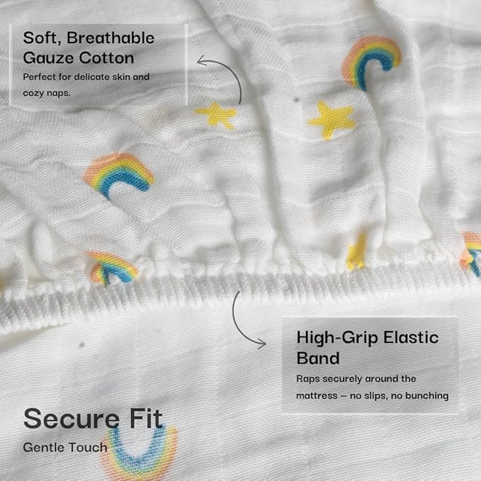 Salt Earth 100% Organic Cotton Muslin Standard Fitted Crib Sheet, 52"x28", 2 Pack Soft Breathable Natural Cotton Sheets Baby Mattress Bed Sheets, No Slip Neutral Baby Crib Sheet (Silver & Rainbow)