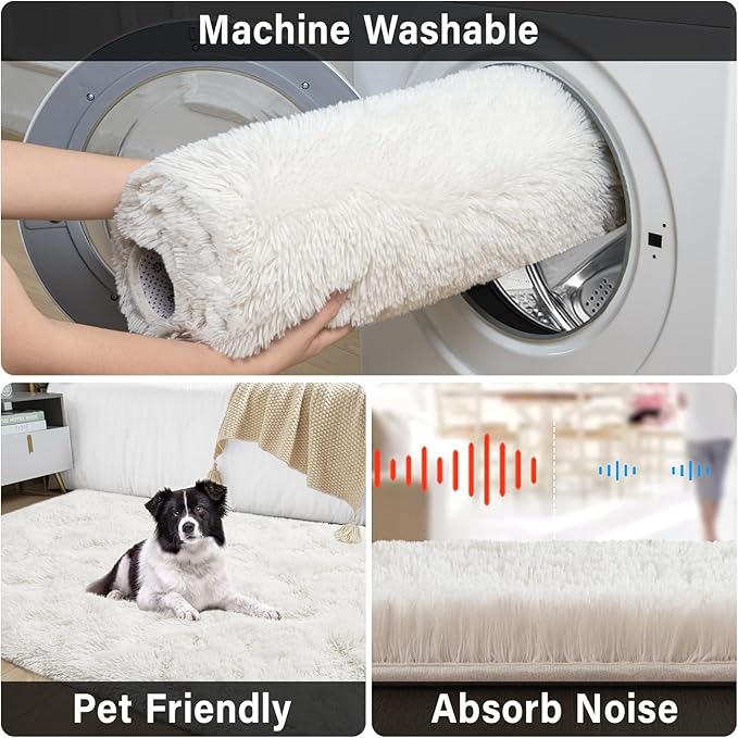 Merelax Soft Modern Indoor Large Shaggy Rug for Livingroom Bedroom Dorm Kids Room Home Decor, Non-Slip Plush Fluffy Furry Fur Area Rugs Comfy Nursery Accent Floor Carpet 9x12 Feet, Ivory
