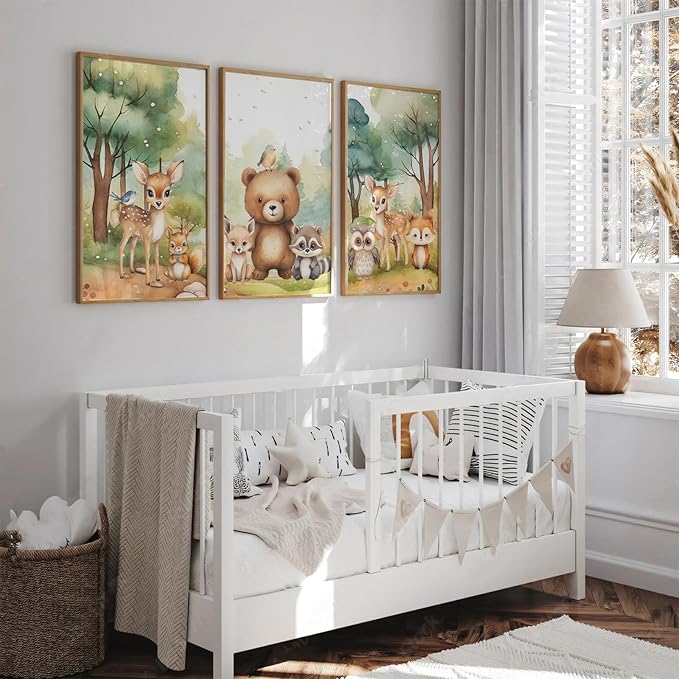 3Pcs Woodland Animal Nursery Wall Art Forest Animal Wall Decor Cute Watercolor Deer Bear Fox Poster Canvas Prints Paintings Pictures Artwork for Kids Baby Bedroom Decor Unframed Poster 12X16in