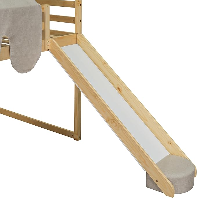 Playhouse Design Full Size Wood Loft Bed with Slide and Tent, Low Loft House Bed Frame with Storage Shelves and Removable Car-Shaped Staircase for Kids Teens Boys Girls Bedroom (Natural-PT)