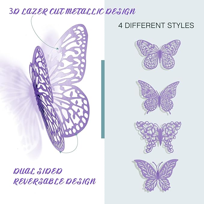3D Butterfly Wall Decor 3 Sizes 4 Styles Butterfly Party Decorations Cake Decorations Removable Stickers Wall Decor Room Mural Metallic Kids (Purple, 48Pcs)