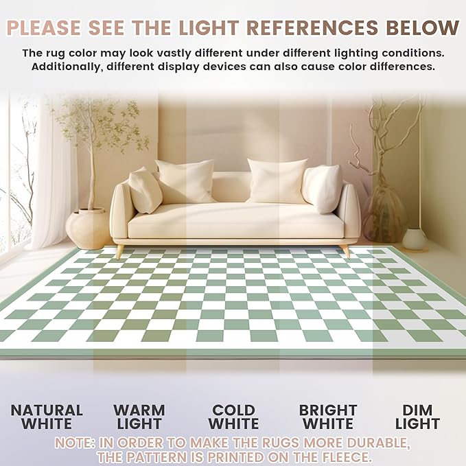 Washable 4x6 Checkered Area Rug for Living Room, Sage Green Checkerboard Modern Boho Large Rugs, Ultra Thin Low Pile Lightweight Indoor Carpet with Non-Slip Backing for Bedroom Kids Nursery Playroom