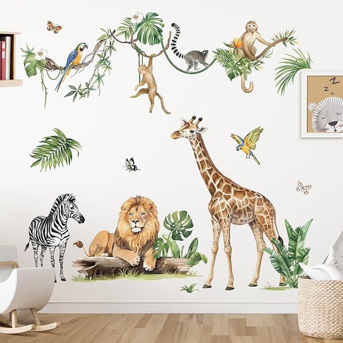 decalmile Large Jungle Animal Tropical Leaves Wall Decals Safari Tree Lion Giraffe Monkey Wall Stickers Baby Nursery Kids Bedroom Living Room Wall Decor