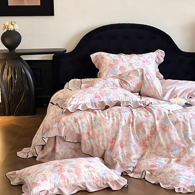 HighBuy Girl Ruffle Duvet Cover Set Twin XL Pink Lace Floral Ruffle Design,Vintage Brushed Cotton Ruffled Bedding Set French Breathable Farmhouse Bedding - 1 Twin XL Duvet Cover 2 Pillowcases