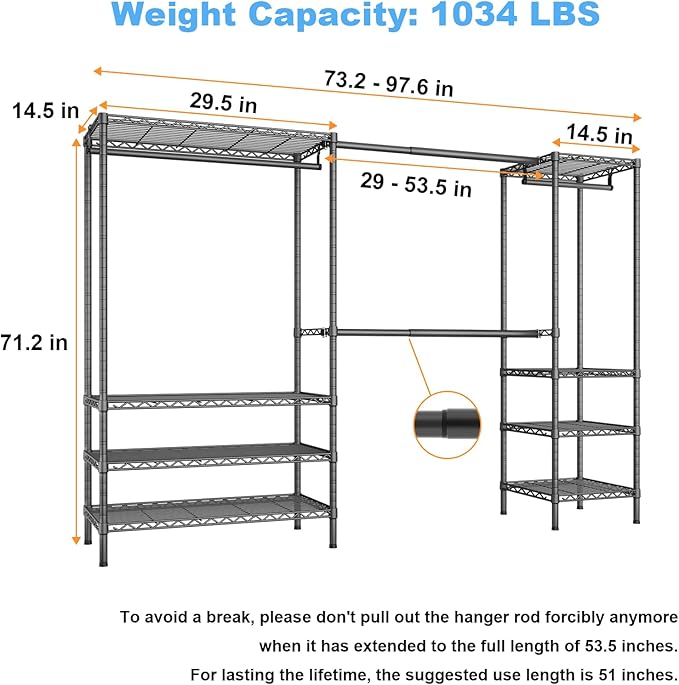 Ulif E11 Heavy-Duty Garment Rack, Metal Freestanding Clothes Rack and Closet Storage Organizer System with 8 Shelves and 4 Hanger Rods, (73.2 - 97.6)"W x 14.5"D x 71.2"H, Load 1034 LBS, Black