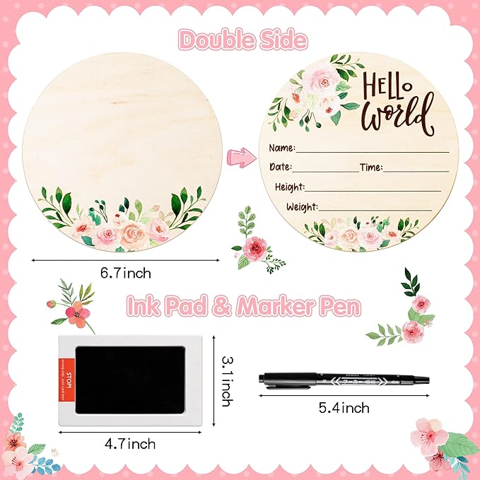 R HORSE Baby Birth Announcement Sign with Marker Pen, Pink Floral Baby Name Sign with Ink Pad for Hand and Footprints, Wooden Hello World Newborn Announcement Nursery Decor Keepsake Gifts