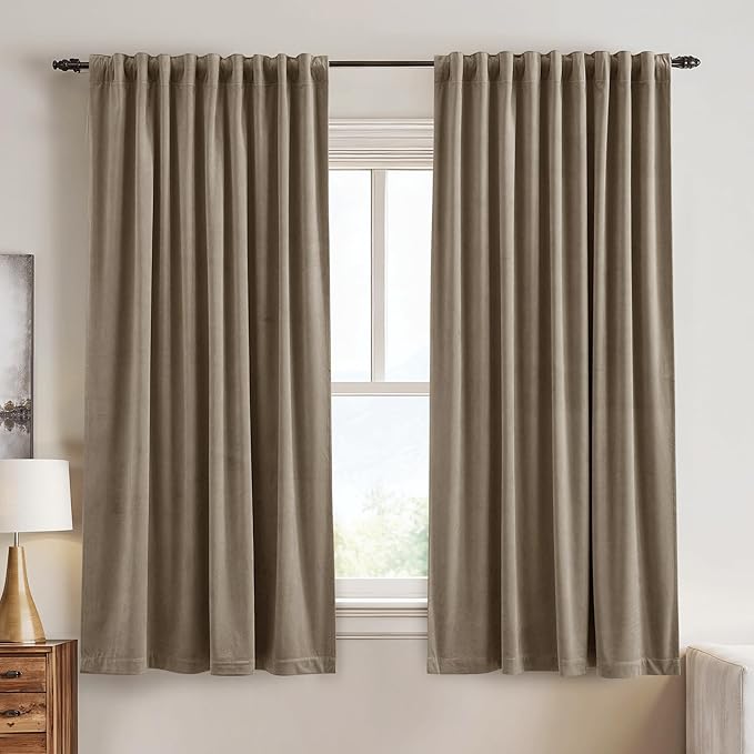 StangH Camel Beige Curtains Velvet, 2 Panels Set, Thermal Insulated Room Darkening Drapes for Bedroom Living Room Home Theater, 52 x 63 Inches