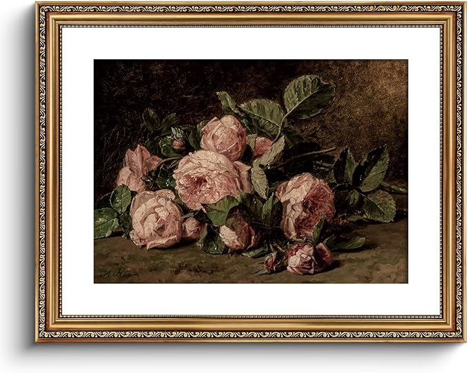 ARPEOTCY Vintage Gold Framed Large Wall Art, Retro Still life Pink Roses Canvas Prints Artwork with Antique Frame, Victorian Wall Paintings Decor for Living Room Gallery, 16x20 inch
