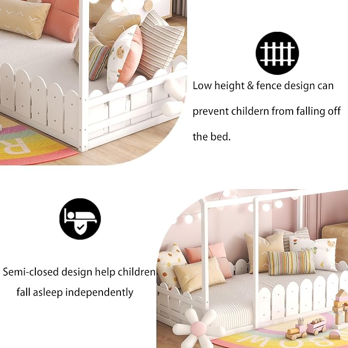 Bellemave Twin Size Kids Floor Bed Frame with Fences, Wooden House Bed with Roof Can be Decorated for Kids Girls Boys (White)
