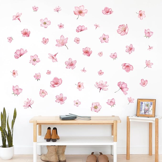 49 Pcs Cherry Blossom Flowers Vinyl Wall Stickers, Watercolor Sakura Floral Peel and Stick Wall Decals, DIY Wall Decor for Girls Bedroom Living Room Nursery