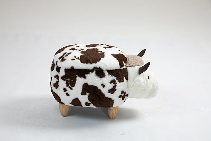 Home 2 Office Fun Happy Cow Ottoman with Storage for Kids' Bedroom, Playroom, Nursery or Recreation Room Decor, Soft Animal-Shaped Toddler Furniture with Wooden Legs