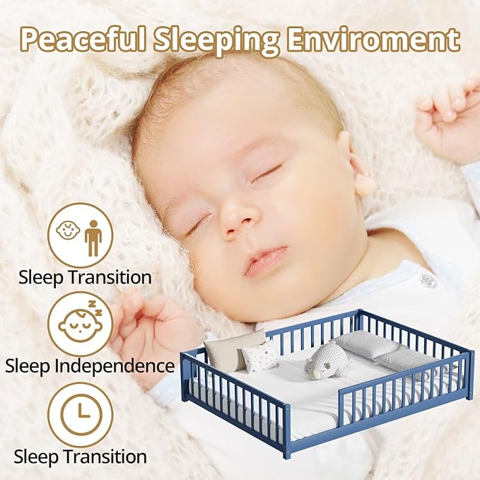 LLS Full Floor Bed for Kids Toddlers, Solid Wood Multifunctional Montessori Bed Frame with Safety Guardrails, Without Door, Easy Assemble, Mist Blue