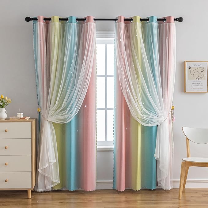 Star Girl and Kids Curtains for Bedroom Rainbow Ombre Double Layer Cute Shot Nursery Darkening Grommet Princess Room Décor 2 Panels Living Room Window Curtain （Blue Pink 52W x 72L）