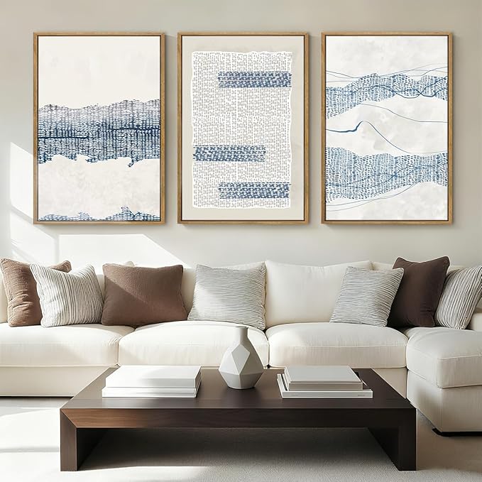 IARTTOP Large Blue Abstract Framed Canvas Wall Art 16x24 Inch Neutral Modern Art Prints Minimalist boho Artworks for Living Room Bedroom Office Set of 3