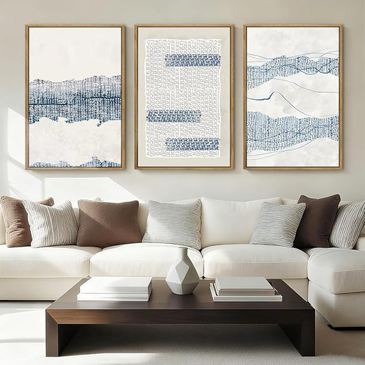 IARTTOP Large Blue Abstract Canvas Wall Art Framed 24x36 Inch Neutral Minimalist Modern Wall Art Mid Century Boho Artwork for Living Room Bedroom Office Set of 3